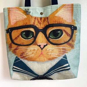 Orange Sailor Cat Wearing Glasses Canvas Tote Bag, with Free Jeweled Cat Brooch